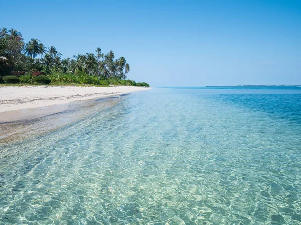 Spiaggia Sabbia Bianca Con Palme Cocco Blu Turchese Barriera Corallina — Foto Stock