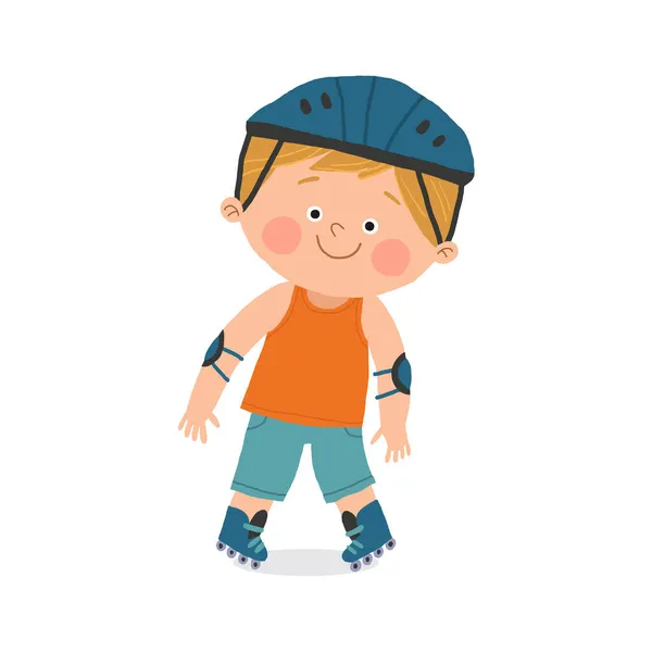Lindo niño patinaje sobre ruedas con patines en línea. Actividades infantiles. Dibujos animados dibujados10 ilustración aislada en blanco en un estilo plano. — Foto de Stock
