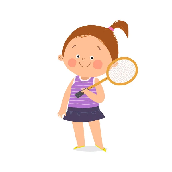 Jolie petite fille debout avec raquette de badminton. Activités pour enfants. Dessin animé à la main10 illustration isolée sur blanc dans un style plat. — Photo