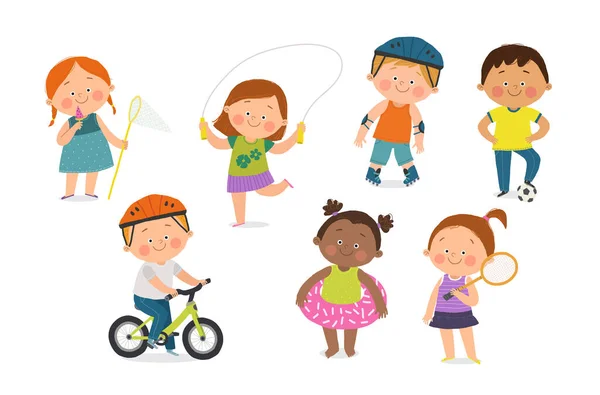 Cute children doing outdoor summer activities. Cartoon hand drawn10 illustration isolated on white in a flat style. — Stock Photo, Image