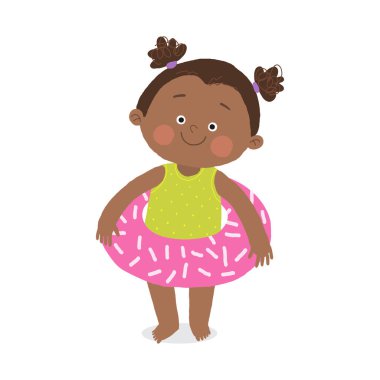 Şişme dairesi olan sevimli Afrikalı Amerikalı kız. Çocuk aktiviteleri. Çizgi film vektör eli düz bir şekilde beyaza izole edilmiş 10 illüstrasyon çizer.