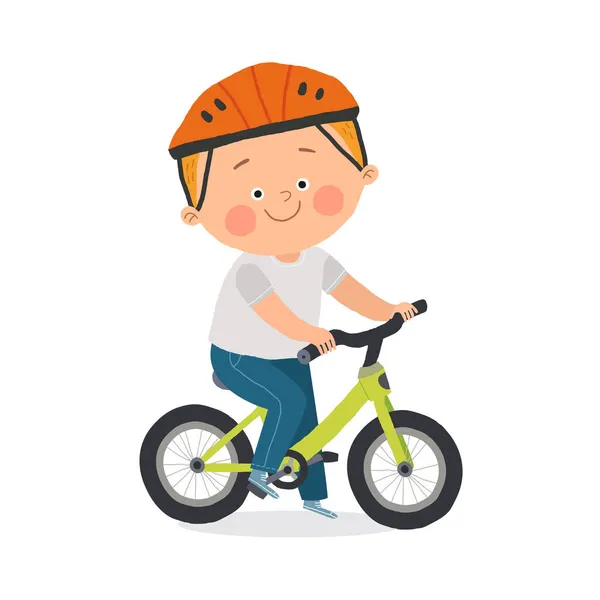 Lindo chico de pie junto a su bicicleta con un casco. Niño con una bicicleta. Actividades infantiles. Dibujos animados vector dibujado a mano eps 10 ilustración aislada en blanco en un estilo plano. — Vector de stock