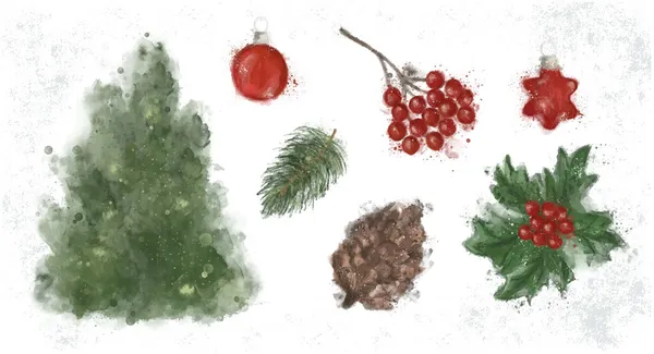 Décorations de Noël aquarelle des branches des arbres, branches de houx avec des baies rouges, arbre de Noël, boule, étoile et cône. — Image vectorielle