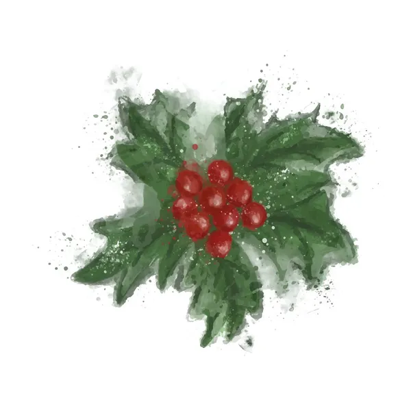 Akvarel Holly sprigs s červenými bobulemi. — Stockový vektor