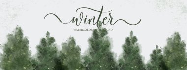 Forest Hill 'in suluboya yeşili manzarası. Evergreen kozalaklı ağaçlar. Vahşi doğa. Yatay suluboya arkaplan