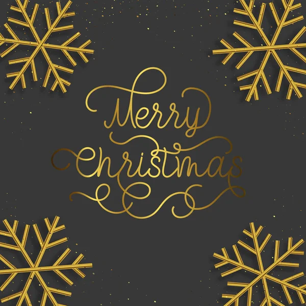 Feliz Navidad de oro florecer caligrafía dibujada a mano con letras 3d copo de nieve. Tipografía de línea de swash vectorial para el diseño de tarjetas de felicitación de presupuesto festivo Texto de vacaciones de Navidad. — Vector de stock