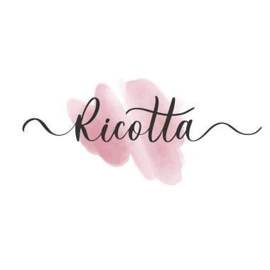 Ricotta harfli logo. Peynir paketleme yazıtları. Suluboya lekeli el yapımı harfler..
