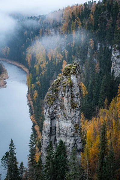 Close Stone Pillar Usva River Autumn Fog Perm Region Russia — стокове фото