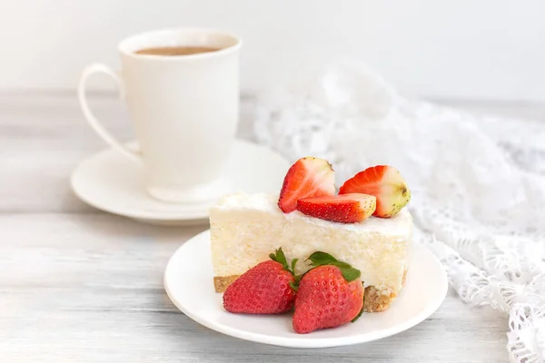 Sliceds Cheesecake Fresh Strawberry Close Baked Tasty Cake Cheese — Fotografia de Stock