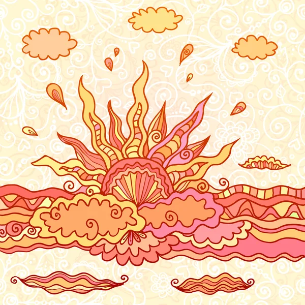 Illustration vectorielle du soleil levant gribouillé orné — Image vectorielle