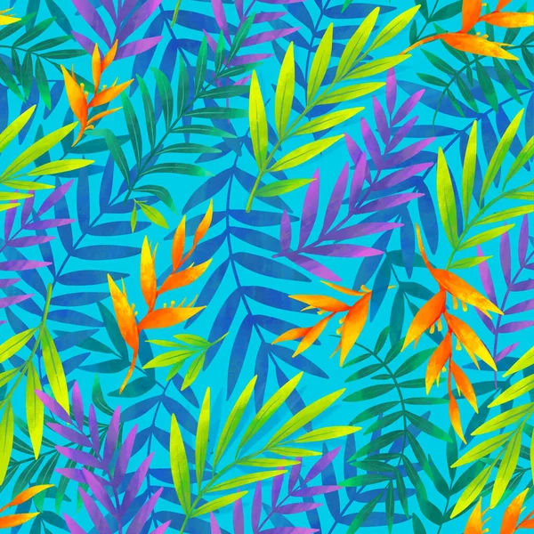 Bright colors tropic leaves and flowers seamless pattern on sky blue background — Stock Photo, Image