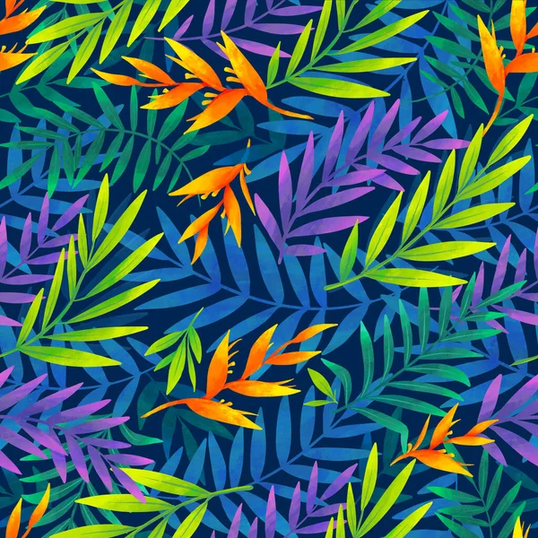 Vivid colors tropic leaves and flowers seamless pattern on dark blue background — Stock Photo, Image