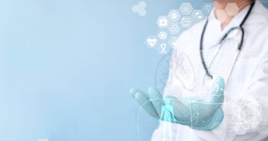 human anatomy icon over blue background in hand