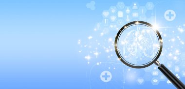 human anatomy icon over blue background under magnifying glass 