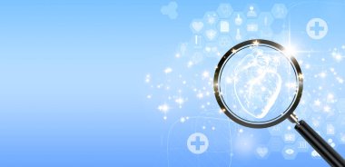 human anatomy icon over blue background under magnifying glass 