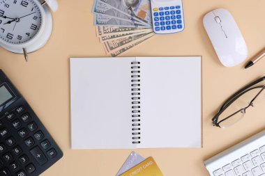 business concept. office desk with laptop, calculator, notebook and pen background. top view.