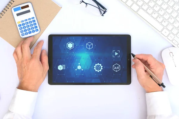 Business Concept Man Using Tablet Icons Screen — Stock Photo, Image