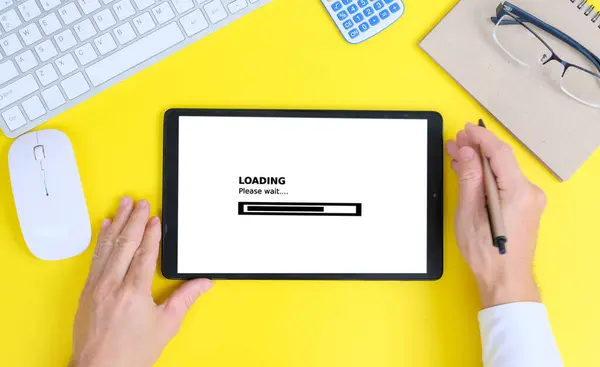 Online Concept Man Using Laptop Text Screen Loading — 스톡 사진