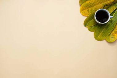 Kahve fincanı ve sonbahar yaprakları. en üstteki görünüm.