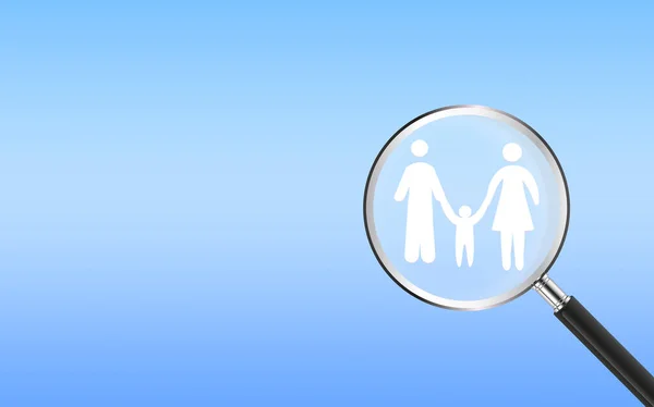 magnifying glass with family over blue background