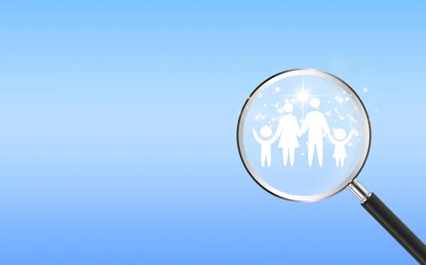 magnifying glass with family over blue background