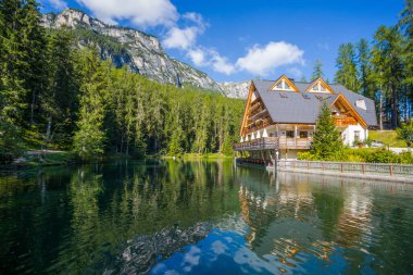 BADIA, ITALY, SEPTEMBER 2, 2021 - View of Sompunt lake in Badia, Bolzano province, Italy.