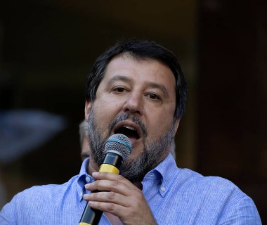 GENOA, ITALY, JUNE 10, 2022 - Matteo Salvini, Federal Secretary of the Lega Party for Salvini Premier during the rally for the election of the Genoa Mayor, in Genoa, Italy