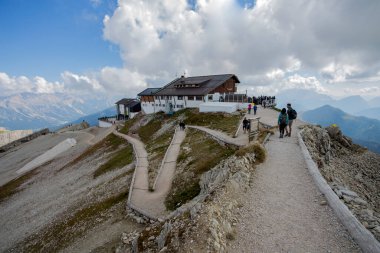 CORTINA D'AMPEZZO, ITALY, SEPTEMBER 9, 2021 - View of Lagazuoi refuge in the Dolomites near Cortina D'Ampezzo, Italy.