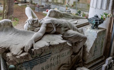 GENOA, ITALY, APRIL 19, 2022 - Tomb of the Ribaudo family, monumental cemetery of Genoa, Italy, famous for the cover of the single of the English band Joy Division's 
