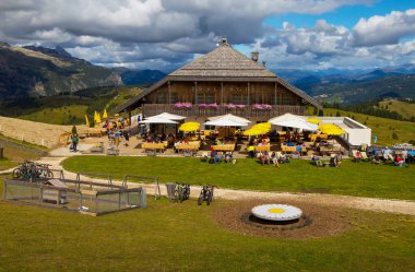 SAN CASSIANO, ITALY, AUGUST 31, 2021 - View of Pralongia refuge, Badia Valley, South Tyrol, Italy.