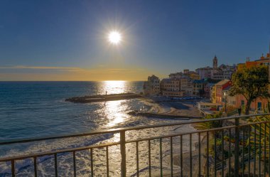 GENOA, ITALY, FEBBRUARY 22, 2022 - View of the village of Bogliasco with the beach, Genoa province, Italy.