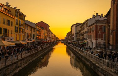 MILAN, ITALY, MARCH 5, 2022 - View of Alzaia Naviglio Grande in Milan, Italy at sunset.
