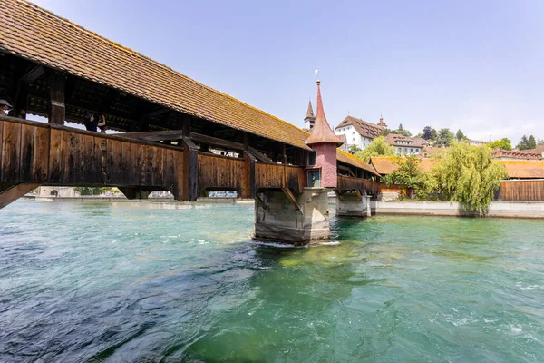 Blick Auf Die Holzdeckenbrücke Von Spreuer Luzern Schweiz — Stockfoto