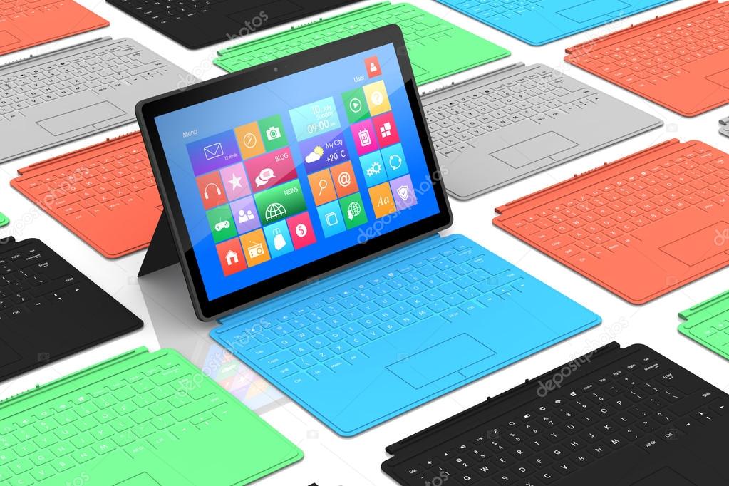 Tablet PC surrounded by colors keyboards. — Stock Photo © aleksanderdnp 25246675