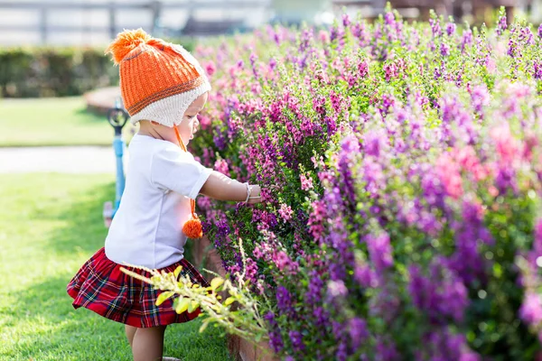 Szczęśliwa Dziewczyna Oglądanie Kwiat Ogród — Zdjęcie stockowe