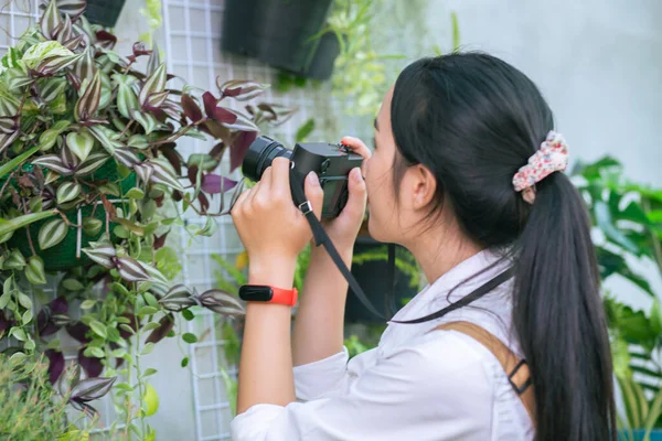Happily Asian Young Gardener Couple Wearing Apron Use Garden Equipment Stok Resim