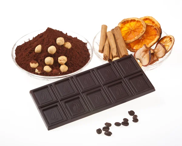 Koffie chocolade, koffie bonen, kaneel, oranje — Stockfoto