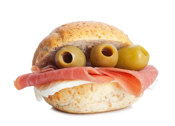 Sandwich with ham and olives with mozzarella — Stock Photo, Image