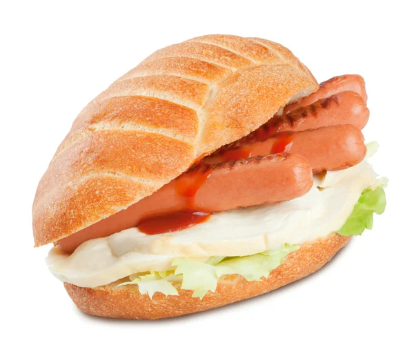 Sandwich with sausage ketchup salad and mozzarella cheese — Stock Photo, Image