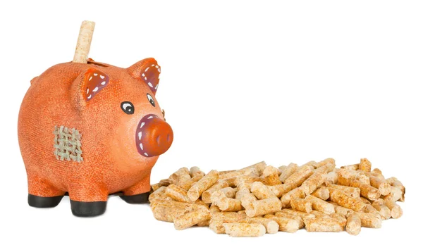 Wood pellets with piggy bank — Stock Photo, Image