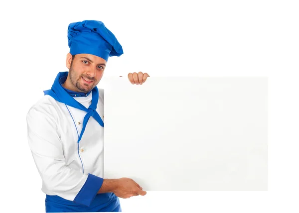 Chef com sinal de publicidade — Fotografia de Stock