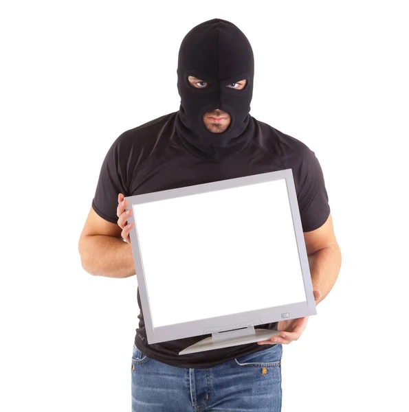 Criminal com balaclava e monitor — Fotografia de Stock