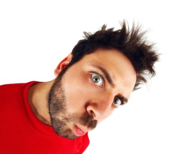 kırmızı t-shirt bir ifadeyle Vay