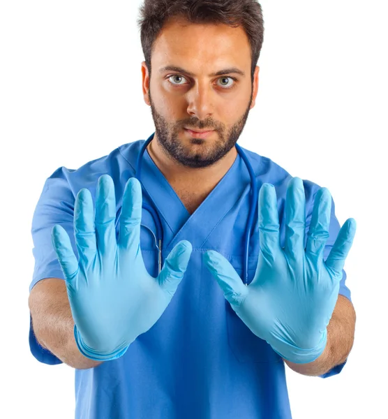 Blauwe chirurgische handschoenen — Stockfoto