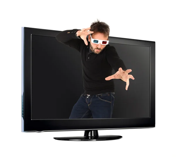Man Wearing 3d Glasses out of the tv — Stock Photo, Image
