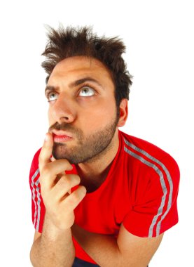 kırmızı t-shirt ile düşünen adam