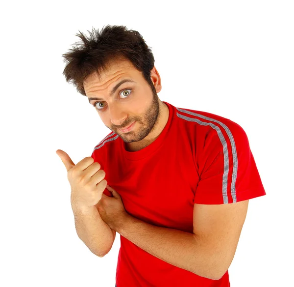 Kırmızı t-shirt ile işaret eden adam — Stok fotoğraf