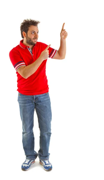 Piros póló mutat az ember — Stock Fotó