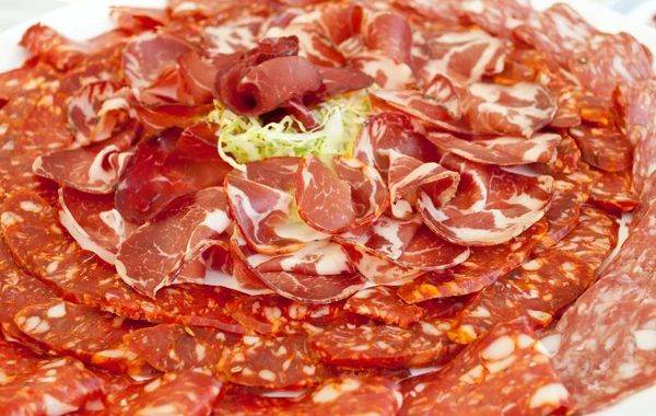 Plate of ham and spicy salami — Stock Photo, Image