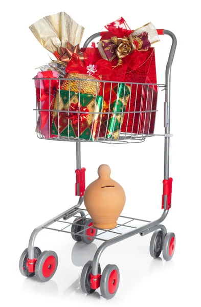 Shopping cart with Christmas gifts — Stock Photo, Image